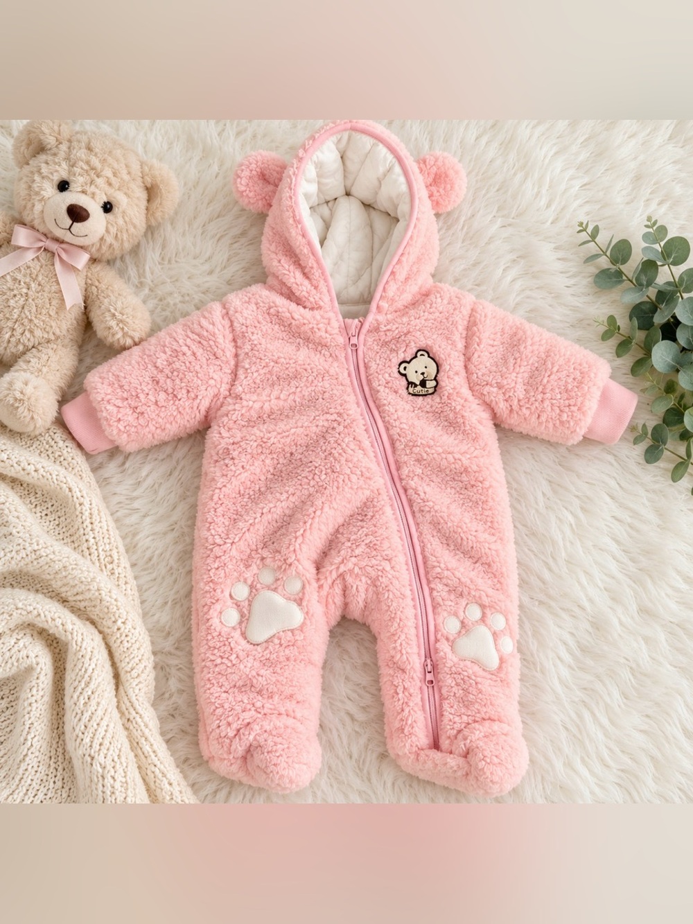 NWOT Pink Sherpa Baby Bear Hooded Snowsuit 0-3M Footed Bunting Cozy Winter